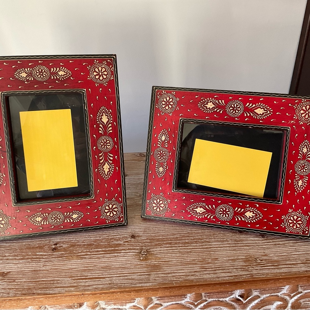 Solid wood photo frames etched then hand painted, set of 2
